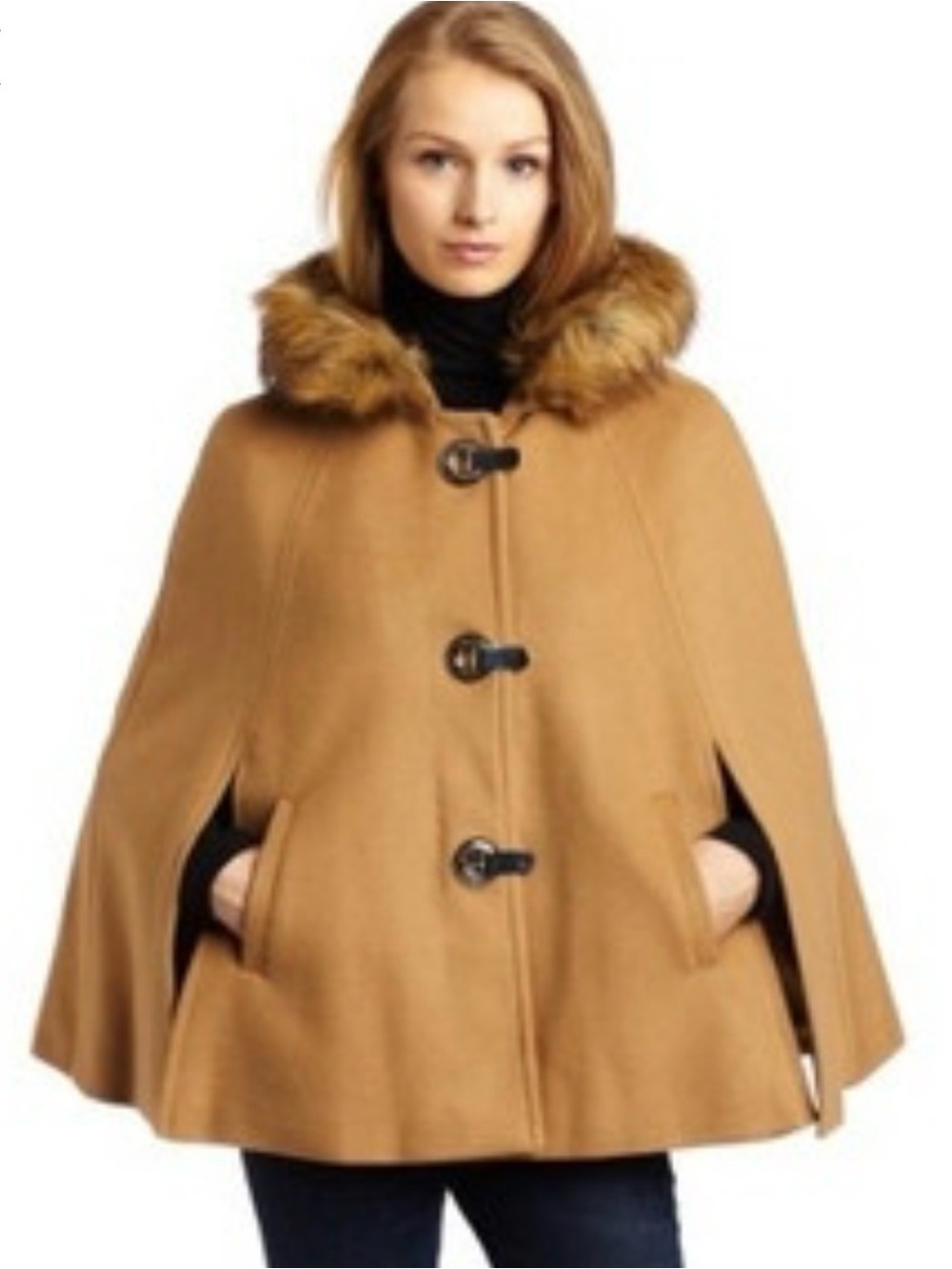 MICHAEL Michael Kors Tan Hooded Cape with Faux-Fur Trim